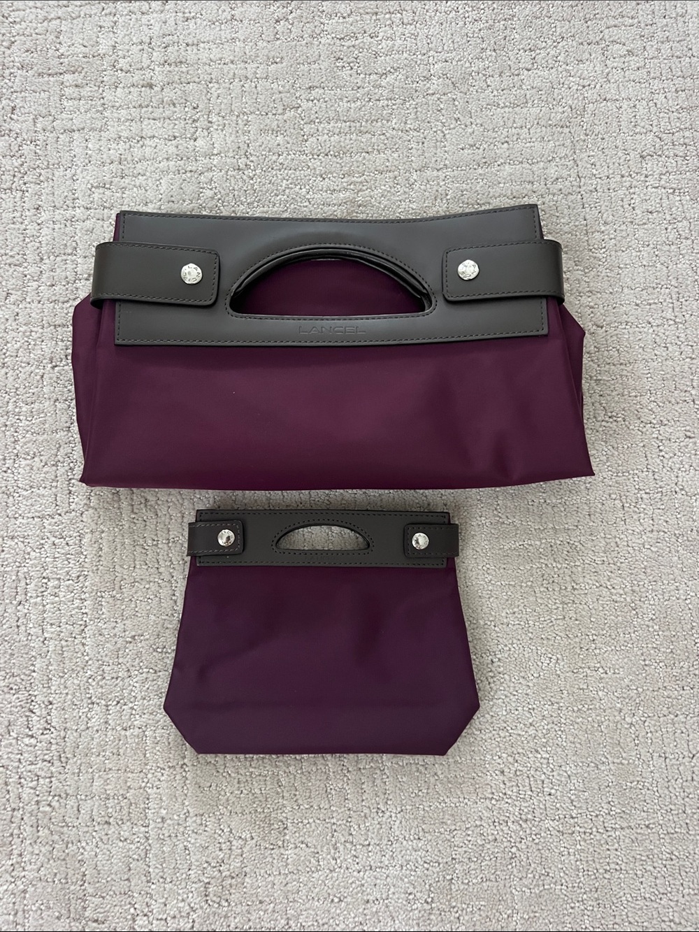 “LANCEL” Plum Nylon Fold-Over Clutch with Gray Leather Trim